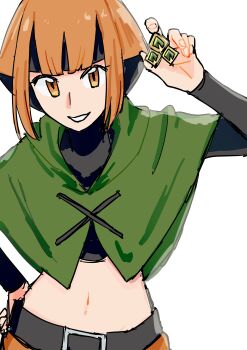 1girl badge badge_(pokemon) belt bob_cut facing_viewer forest_badge gardenia_(pokemon) hand_on_own_hip looking_at_viewer multicolored_hair navel nintendo orange_eyes orange_hair pokemon pokemon_dppt poncho sadamaraas sketch smile solo two-tone_hair upper_body white_background