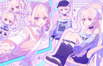 1other :d akiyama_mizuki animal_ear_headphones animal_ears arrow_(symbol) bare_shoulders baseball_cap black_boots black_choker black_hat black_shorts black_socks blue_sweater boots cat_ear_headphones cat_ears chair chinese_commentary choker closed_mouth collarbone collared_shirt commentary_request cursor drill_hair expressionless fake_animal_ears full_body gaming_chair hat headphones heart high_side_ponytail highres hugging_own_legs knee_boots kneehighs knees_up lace-trimmed_choker lace_trim layered_sleeves laylayhappy legwear_garter long_sleeves looking_at_viewer multiple_views off-shoulder_sweater off_shoulder official_alternate_costume on_chair open_mouth other_focus outline pink_background pink_outline pink_sweater_vest pink_tank_top project_sekai puffy_long_sleeves puffy_sleeves shirt short_hair short_over_long_sleeves short_sleeves shorts side_drill side_ponytail sidelocks simple_background sitting smile socks sparkle sweater sweater_vest swept_bangs swivel_chair tank_top torn_clothes torn_shorts white_shirt window_(computing) you_are_my_hero!!_(project_sekai)