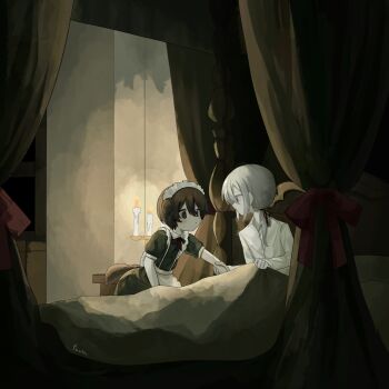 2boys animal_ears apron bed black_dress black_hair blanket bow bowtie candle canopy_bed crossdressing crossdressing_(mtf) dog_boy dog_ears dress fuvin hair_between_eyes highres holding_another&#039;s_arm indoors light_blush low_ponytail maid maid_headdress male_focus male_maid multiple_boys original ponytail puffy_short_sleeves puffy_sleeves shirt short_hair short_sleeves sweatdrop trap white_apron white_hair white_shirt yaoi
