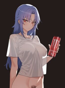 1girl :/ black_background blue_hair bottomless breasts bright_pupils can closed_mouth commentary cowboy_shot energy_drink english_commentary female_pubic_hair highres holding holding_can kuso_otoko large_breasts legs_together light_blush long_hair looking_at_viewer mismatched_pubic_hair monster_energy out-of-frame_censoring pubic_hair red_eyes scar scar_across_eye scar_on_face see-through_silhouette shirt short_sleeves simple_background solo standing t-shirt underwear uragoner white_pupils white_shirt