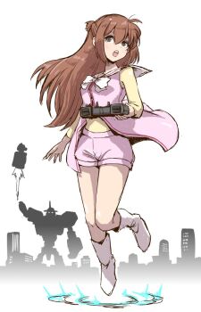 1girl black_eyes boots border brown_hair commentary_request controller eyed_silhouette floating gigantic_drive hair_between_eyes half_updo highres holding holding_controller jacket long_hair mecha open_clothes open_jacket open_mouth pink_jacket pink_shorts robot rocket_punch satomura_kyou shirt short_shorts shorts silhouette skyline standing super_robot teeth tsukioka_yui_(gigantic_drive) upper_teeth_only vertical_fortress_vavel white_boots white_border yellow_shirt
