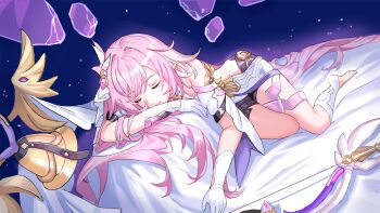 1girl absurdres barefoot bell black_shorts chinese_commentary closed_eyes commentary_request detached_sleeves elysia_(herrscher_of_human:_ego)_(honkai_impact) elysia_(honkai_impact) gloves hair_ornament highres honkai_(series) honkai_impact_3rd long_hair multicolored_hair pink_hair pointy_ears shorts sky solo staff star_(sky) starry_sky thighs two-tone_hair very_long_hair white_gloves white_hair xiaochaibao