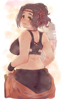 Rule 34 | 1girl, 7010, ass, back, bare shoulders, black hair, black pants, black shirt, blush, breasts, crop top, cropped shirt, ebihara naho, from behind, green eyes, idolmaster, idolmaster cinderella girls, idolmaster cinderella girls starlight stage, large breasts, long hair, looking at viewer, looking back, open mouth, pants, plump, shirt, sleeveless, sleeveless shirt, smile, solo, sweat, thick eyebrows, yellow background