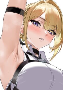 Rule 34 | 1girl, arm strap, arm up, armpit focus, armpits, black choker, blonde hair, blush, breasts, chest harness, choker, collared shirt, commentary, earrings, evelyn chevalier, hair ornament, harness, highres, jewelry, large breasts, looking at viewer, mole, mole under eye, neige (pixiv6850453), parted bangs, parted lips, presenting armpit, purple eyes, shirt, short hair, simple background, sleeveless, sleeveless shirt, solo, sweat, white background, white shirt, zenless zone zero
