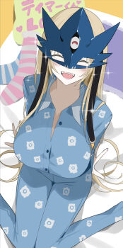 1girl beelstarmon blonde_hair blue_pajamas breasts closed_eyes commentary_request digimon digimon_(creature) happy highres large_breasts long_hair on_bed open_mouth pajamas sitting smile solo third_eye translation_request yotsumoto_yuu