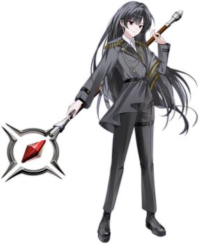 1girl absurdres black_eyes black_hair black_jacket black_pants earrings epaulettes fringe_trim full_body highres holding holding_staff jacket jewelry long_hair looking_at_viewer original pants side_cape solo staff standing very_long_hair white_background yoonsa