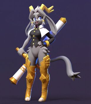 1girl 3d animal_ears armored_boots armored_legwear black_shirt blue_eyes boots bottomless breasts fingerless_gloves gloves gradient_background grey_fur grey_hair holding holding_weapon hooves horns knee_pads large_breasts lemurfeature long_sleeves long_tail looking_at_another looking_to_the_side pseudoregalia purple_background rabbit_ears shirt short_hair sidelocks simple_background sleeveless sybil_(pseudoregalia) tail thick_eyebrows very_long_ears weapon wide_hips