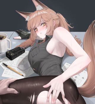 1boy 1girl absurdres animal_ears arknights bare_arms bare_shoulders black_gloves black_pantyhose blush breasts brown_hair coffee commentary cup fox_ears fox_tail franka_(arknights) gloves grey_shirt highres indoors large_breasts mildt mug pantyhose paper parted_lips ponytail shirt sideboob single_glove sleeveless sleeveless_shirt solo_focus tail torn_clothes torn_pantyhose walkie-talkie yellow_eyes