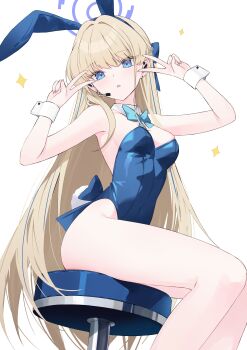 1girl absurdres animal_ear_hairband animal_ears aqua_bow aqua_bowtie bare_legs blonde_hair blue_archive blue_eyes blue_halo blue_leotard bow bowtie braid breasts detached_collar double_v fake_animal_ears hairband half_up_braid halo headset highres leotard lisu long_hair looking_at_viewer medium_breasts microphone playboy_bunny rabbit_ears rabbit_tail simple_background solo stool strapless strapless_leotard tail toki_(blue_archive) toki_(bunny)_(blue_archive) v white_background wrist_cuffs