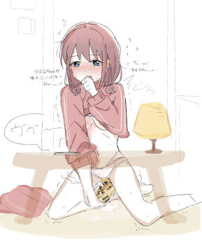 1girl blue_eyes blush breasts clothes_lift commentary controller dualshock female_masturbation game_controller gamepad girls_band_cry highres holding holding_controller holding_game_controller iseri_nina jacket jacket_lift lamp long_sleeves masturbation medium_breasts narin70 panties playstation_controller red_hair red_jacket short_twintails solo table translation_request trembling twintails underwear white_panties