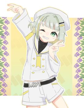 1girl a.i._voice absurdres arm_up armband belt blonde_hair blonde_streaks blunt_bangs buttons colored_inner_hair cowboy_shot double-breasted double_v floral_background green_eyes green_hair grin hair_ornament hairclip hat highres letterboxed midriff_peek multicolored_hair necktie one_eye_closed outline sailor_collar sailor_hat shirt short_hair shorts single_hair_intake smile solo streaked_hair tobey tsunose_kotone tsunose_kotone_(tsubomi) undershirt v variant_set white_hat white_sailor_collar white_shirt white_shorts yellow_armband yellow_background yellow_necktie