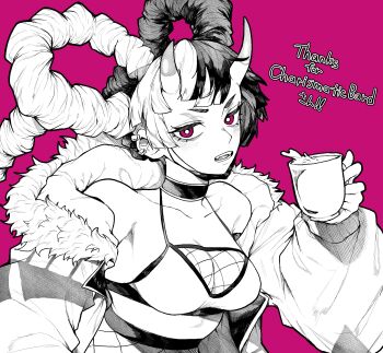 1girl absurdres bare_shoulders breasts camisole commission cup demon_horns english_text fur-trimmed_jacket fur_trim greyscale_with_colored_background highres holding holding_cup horns jacket liquid long_hair medium_breasts multicolored_hair off_shoulder original pink_eyes skeb_commission solo spot_color two-tone_hair yotsumi_shiro