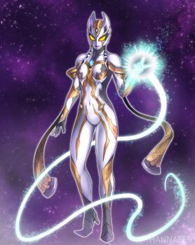 1girl alien armor artist_name black_skin breasts carmeara collarbone color_timer colored_skin commentary covered_navel crystal energy_whip facial_mark forehead_jewel full_body giant giantess glowing glowing_eyes glowing_hand gold_skin gradient_eyes hand_up hannaee9 heel_up high_heels highres horns index_finger_raised looking_at_viewer medium_breasts multicolored_eyes multicolored_skin navel no_pupils orange_eyes outline purple_background purple_lips shoulder_armor silver_skin smile solo space standing star_(sky) starry_sky_background tokusatsu toned toned_female ultra_series ultraman_trigger_(series) whip white_outline yellow_eyes