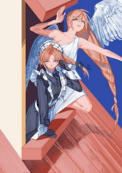 2boys ahoge angel_wings apron black_bow black_bowtie black_dress black_gloves bow bowtie braid brown_hair bw_sekai collared_dress crossdressing crossdressing_(mtf) dress dual_persona flower_hairtie frilled_apron frills gloves hashtag-only_commentary highres kanae_(19th_costume)_(nijisanji) kanae_(nijisanji) long_hair looking_at_viewer maid maid_headdress male_focus male_maid multiple_boys nijisanji official_alternate_costume parted_bangs rooftop single_braid sleeve_cuffs smile tile_roof very_long_hair virtual_youtuber white_apron white_headdress window wings