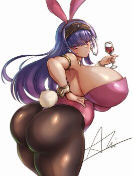 4545akichan alcohol armlet ass back between_buttocks black_pantyhose breasts character_request cleavage cup curvy diadem dot_nose drinking_glass earrings glass hand_on_own_hip highres holding_glasses huge_ass huge_breasts jewelry leaning_forward leotard long_hair looking_at_viewer looking_back pantyhose pink_hair pink_leotard playboy_bunny purple_hair rabbit_ears rabbit_tail shiny_clothes shiny_skin sideboob slit_pupils standing thick_thighs thighs white_background wide_hips wine wine_glass