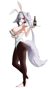 1girl absurdres alcohol alternate_breast_size_(larger) alternate_costume animal_ear_fluff animal_ears arm_under_breasts bare_shoulders beer black_pantyhose bottle breasts collarbone commentary covered_navel cup droopy_ears english_commentary fake_animal_ears feet from_side full_body hairband highres holding holding_tray kirirei_228 large_breasts leotard long_hair looking_at_viewer pantyhose playboy_bunny rabbit_ears red_eyes simple_background solo standing standing_on_one_leg stirrup_legwear strapless strapless_leotard tail toeless_legwear tray very_long_hair white_background white_hair white_hairband white_leotard white_tail ye_shunguang zenless_zone_zero