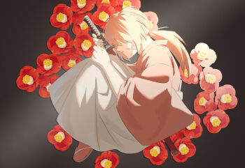 1boy absurdres cross_scar facial_scar fetal_position flower from_side full_body hakama hakama_pants highres himura_kenshin holding holding_sword holding_weapon japanese_clothes katana kimono long_hair low_ponytail male_focus nasubi_(user_agpx4547) orange_hair pants parted_lips ponytail profile red_flower red_kimono red_socks rurouni_kenshin sandals scar scar_on_cheek scar_on_face sheath sheathed socks solo sword weapon white_hakama wide_sleeves