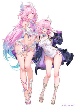 2girls adapted_costume aged_up alternate_costume armlet bare_shoulders blue_eyes blue_hair blush breasts casual_one-piece_swimsuit cleavage closed_mouth clothing_cutout coat commentary cyrene_(demiurge)_(honkai:_star_rail) cyrene_(honkai:_star_rail) cyrene_(philia093)_(honkai:_star_rail) dual_persona fingernails flower gladiator_sandals gradient_hair hair_flower hair_intakes hair_ornament hand_up highres honkai:_star_rail honkai_(series) jewelry large_breasts long_hair looking_at_viewer machi_(machi0910) medium_breasts medium_hair multicolored_hair multiple_girls nail_polish navel one-piece_swimsuit paid_reward_available pink_hair pink_nails pink_pupils pointy_ears purple_coat purple_eyes purple_flower purple_rose ring rose sandals side_cutout sidelocks simple_background smile stomach swimsuit symbol-only_commentary thighs toenail_polish toenails twitter_username very_long_hair white_background white_one-piece_swimsuit