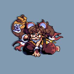 Rule 34 | 1girl, animal ears, barefoot, bombergirl, brown eyes, brown hair, brown pants, cape, commentary request, cuffs, eye mask, full body, grey background, highres, jug (bottle), looking at viewer, medium bangs, mouse ears, open mouth, pants, pixel art, simple background, solo, squatting, tonchamon san, twintails, urushi (bombergirl), white cape