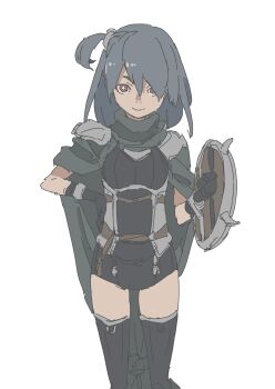 1girl absurdres armor cowboy_shot highres holding holding_shield medium_hair one_side_up original shield shoulder_armor smile solo takamichi thighhighs warrior white_background