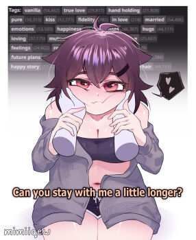 1girl absurdres artist_name bare_shoulders breasts cheek_squash cleavage closed_mouth commentary disembodied_hand drizzlewashere english_commentary english_text hands_on_another's_face heart highres looking_at_viewer medium_breasts medium_hair navel nhentai purple_hair short_shorts shorts solo_focus speech_bubble spoken_heart thick_thighs thighs white_background