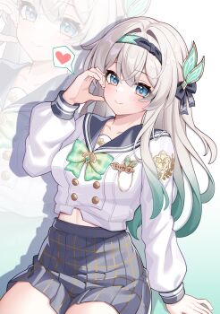 1girl black_hairband blue_eyes blue_pupils bow bowtie buttons collarbone commentary double-breasted firefly_(honkai:_star_rail) firefly_(spring_missive)_(honkai:_star_rail) gradient_background gradient_hair green_background green_bow green_bowtie grey_hair grey_sailor_collar grey_skirt hair_intakes hairband half-heart_hands heart highres honkai:_star_rail honkai_(series) linea_alba long_hair long_sleeves midriff_peek multicolored_eyes multicolored_hair official_alternate_costume plaid_bow plaid_bowtie plaid_clothes plaid_skirt pleated_skirt purple_eyes ruochi_lk sailor_collar shirt sitting skirt smile spoken_heart two-tone_eyes two-tone_hair white_background white_shirt zoom_layer