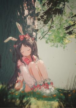 1girl animal_ears bag blurry blurry_foreground bow bowtie brown_hair chi_(luckyeric320) child closed_eyes closed_mouth collar dappled_sunlight fake_animal_ears flower grass hair_bow head_down head_tilt highres hugging_own_legs idolmaster idolmaster_cinderella_girls knees_up leaf leaning_on_object long_hair long_sidelocks long_sleeves morning on_grass on_ground outdoors parted_bangs pink_bow pink_collar rabbit rabbit_ears red_bow ribbon-trimmed_socks ribbon_trim shirt shoes sidelocks sitting sketch sleeping socks solo stuffed_animal stuffed_rabbit stuffed_toy sunlight tachibana_arisu tree two_side_up very_long_hair white_shirt white_shoes white_sleeves white_socks
