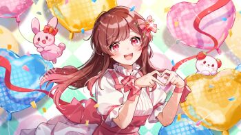 1girl :d apron balloon blush bow bowtie brown_hair character_request commentary_request confetti copyright_request food-themed_hair_ornament four-finger_heart_hands frilled_sleeves frills hair_bow hair_ornament heart heart_balloon heart_hands highres long_hair looking_at_viewer open_mouth pink_apron pink_bow pink_bowtie red_eyes shinishi_chiho shirt short_sleeves smile solo strawberry_hair_ornament teeth upper_body upper_teeth_only white_shirt