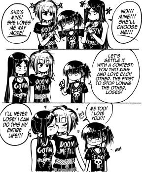Rule 34 | 3girls, 3koma, :3, anger vein, blush, closed eyes, collar, comic, corrupted twitter file, crop top, cropped shirt, doom-metal-girl (grs-), emo-girl (grs-), english text, goth-girl (grs-), greyscale, grs-, heart, highres, himejoshi, kiss, long hair, monochrome, multiple girls, no mouth, original, short hair, spiked collar, spikes, yuri