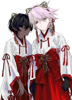 2boys aged_down animal_ear_hairband animal_ears arjuna_(fate) black_eyes black_hair blue_eyes brothers cat_ear_hairband cat_ears child crossdressing crossdressing_(mtf) dark-skinned_male dark_skin earrings eyeshadow eyeshadow_under_eye fake_animal_ears fate/grand_order fate_(series) hair_between_eyes hairband hakama japanese_clothes jewelry karna_(fate) kimono long_sleeves makeup male_focus miko multiple_boys ngg_n pale_skin red_eyeshadow red_hakama ribbon short_hair siblings simple_background upper_body white_background white_hair white_kimono