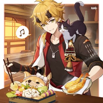 1boy absurdres ahoge black_gloves black_shirt blonde_hair cat chinese_commentary chopsticks commentary_request fingerless_gloves food genshin_impact gloves green_eyes grin highres holding holding_chopsticks indoors male_focus official_art paimon_(genshin_impact) shirt shrimp shrimp_tempura smile tempura thoma_(genshin_impact) upper_body