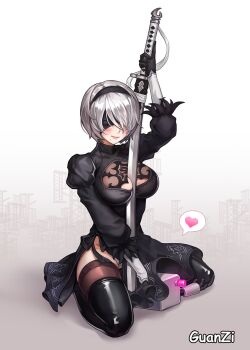 1girl 2b_(nier:automata) artist_name black_dress black_gloves black_hairband black_thighhighs blindfold blush breasts chinese_commentary cleavage_cutout closed_mouth clothing_cutout commentary_request dress full_body gloves gradient_background hairband heart holding holding_sword holding_weapon katana kneeling large_breasts long_sleeves lujang nier:automata nier_(series) robot short_hair side_slit solo spoken_heart sword sword_between_breasts thighhighs virtuous_contract weapon white_hair