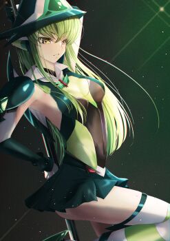 1girl absurdres akatsuki_kirika akatsuki_kirika_(cosplay) arm_up ass breasts budgiepon c.c. code_geass cosplay covered_navel elbow_gloves from_side gloves green_gloves green_hair green_leotard green_skirt green_thighhighs hair_between_eyes highres holding holding_pole leotard long_hair medium_breasts microskirt parted_lips pleated_skirt pole pole_dancing senki_zesshou_symphogear simple_background skin_tight skirt solo standing standing_on_one_leg striped_clothes striped_thighhighs stripper_pole thighhighs white_thighhighs yellow_eyes