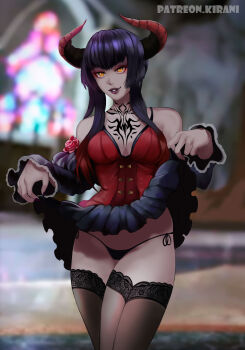1girl black_panties black_thighhighs breasts cameltoe chest_tattoo clothes_lift curtsey demon_horns detached_sleeves eliza_(tekken) eyeshadow female_focus fingernails flower gothic_lolita gradient_hair highres horns kirani lace lace-trimmed_legwear lace_trim lifting_own_clothes lipstick lolita_fashion makeup medium_breasts multicolored_hair nail_polish namco pale_skin panties patreon_username purple_hair purple_lips purple_nails red_hair rose seamed_legwear see-through_clothes see-through_legwear sharp_fingernails short_hair_with_long_locks side-tie_panties skirt skirt_lift slit_pupils solo spaghetti_strap tattoo tekken tekken_7 thighhighs underwear vampire yellow_eyes