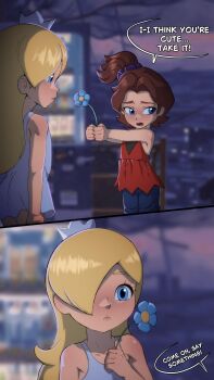 2girls absurdres blonde_hair blue_eyes brown_hair collarbone crown donkey_kong_(series) donkey_kong_bananza dress english_text female_focus flower g_reaper hair_over_one_eye highres holding holding_flower loli long_hair looking_at_another looking_to_the_side mario_(series) multiple_girls nintendo open_mouth panels parted_bangs pauline_(mario) pauline_(young)_(mario) red_shirt rosalina scrunchie shirt short_hair side_ponytail sleeveless sleeveless_dress sleeveless_shirt speech_bubble super_mario_galaxy white_dress yuri