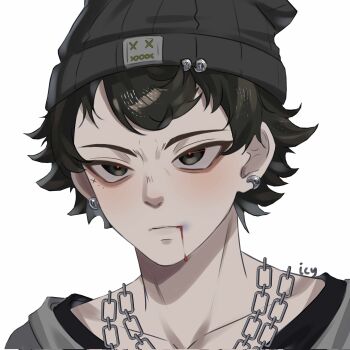 1boy beanie black_eyes black_hair black_hat blood blood_from_mouth chain chain_necklace closed_mouth collarbone commentary commission earrings english_commentary hat highres icy_artzy jewelry looking_ahead male_focus necklace nose original portrait red_pupils short_hair simple_background solo swept_bangs white_background