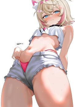 1girl absurdres animal_ear_fluff animal_ears arm_behind_back bandaid bandaid_hair_ornament belt_collar blonde_hair blue_eyes blush breasts closed_mouth collar commentary cropped_shirt crossed_bangs dfswift dog_ears dog_girl fake_horns fang from_below gem hair_ornament hairband highres hololive hololive_english horn_hairband horns lace lace_panties looking_at_viewer looking_down mococo_abyssgard multicolored_hair navel open_fly panties panties_under_shorts pink_gemstone pink_hair pink_panties shirt short_hair shorts signature skin_fang sleeveless sleeveless_shirt small_breasts solo stomach streaked_hair thighs two_side_up underwear virtual_youtuber white_shirt white_shorts x_hair_ornament