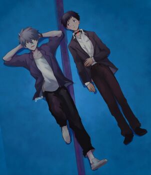 Rule 34 | 2boys, arms behind head, black hair, black jacket, black pants, black shoes, blue eyes, blush, collared shirt, commentary, dss choker, from above, full body, grey hair, highres, ikari shinji, jacket, looking at another, lying, male focus, multiple boys, nagisa kaworu, neon genesis evangelion, on back, on floor, open mouth, pants, rebuild of evangelion, red eyes, shirt, shoes, short hair, signature, suit jacket, white shirt, white shoes, yorumi1117