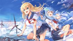 2girls ajishio antenna_hair blonde_hair blue_hair blunt_bangs breasts green_eyes highres kotonoha_aoi long_hair low-tied_long_hair multiple_girls one_eye_closed pleated_skirt red_eyes school_uniform short_sleeves skirt tsurumaki_maki very_long_hair voiceroid windmill