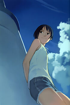 1girl absurdres arm_behind_back black_eyes black_hair cloud day female_focus highres short_hair sky smile solo takamichi
