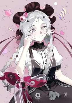 1girl balloon_animal balloon_party black_bow black_bowtie black_skirt bow bowtie braid closed_mouth eyeball_hair_ornament facial_mark forehead_mark freckles frilled_hairband frills grey_eyes grey_hair hairband hand_up heart highres long_hair looking_up low_twin_braids pink_background puffy_short_sleeves puffy_sleeves qingmang_yelan reverse:1999 shirt short_sleeves skirt smile solo sparkle_facial_mark star_(symbol) suspender_skirt suspenders twin_braids upper_body white_shirt