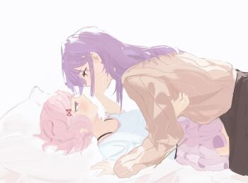 Rule 34 | 2girls, black skirt, brown sweater, commentary, covering another's mouth, doki doki literature club, english commentary, girl on top, hair ornament, hairclip, highres, imlynyy, long hair, lying, multiple girls, natsuki (doki doki literature club), nnnnnanashiiii, on back, pillow, pink hair, pink skirt, purple eyes, purple hair, shirt, short hair, skirt, sweater, white background, white shirt, yuri, yuri (doki doki literature club)