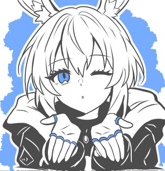 1girl ;o amiya_(arknights) animal_ears arknights blowing_kiss blue_eyes corrupted_twitter_file hair_between_eyes hands_up highres hood hood_down hooded_jacket jacket jewelry long_sleeves looking_at_viewer lucia_(luciatehe) multiple_rings one_eye_closed parted_lips partially_colored puckered_lips ring short_hair solo upper_body