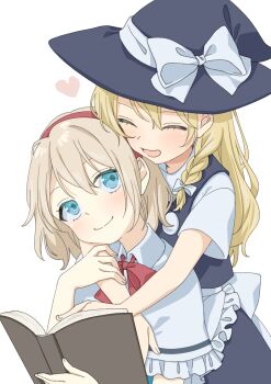 2girls absurdres alice_margatroid apron back_bow black_hat black_skirt black_vest blonde_hair blush book bow bowtie braid capelet closed_eyes commentary_request hair_bow hairband hat hat_bow heart highres holding holding_book hug hug_from_behind kirisame_marisa multiple_girls open_book open_mouth red_bow red_bowtie red_hairband side_braid simple_background single_braid skirt smile touhou tsuno_no_hito vest waist_apron white_background white_bow white_capelet witch_hat yuri