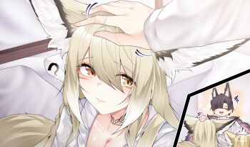 1boy 2girls ? absurdres animal_ears arknights black_hair blonde_hair breasts cleavage closed_mouth commentary dated_commentary father_and_daughter fox_boy fox_ears fox_girl fox_tail headpat highres husband_and_wife large_breasts mother_and_daughter multiple_girls notice_lines open_mouth orange_eyes samip suzuran&#039;s_father_(arknights) suzuran_(arknights) tail vulpisfoglia_(arknights)