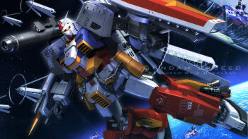 3d arm_cannon cable cloud commentary_request earth_(planet) earth_federation_space_forces english_text gundam gundam_msv highres in_orbit machinery mecha mecha_focus mobile_suit no_humans o&#039;neill_cylinder ocean perfect_gundam planet reactive_armor realistic robot roundel s.hasegawa science_fiction shield shoulder_cannon signature space space_habitat v-fin vernier_thrusters weapon