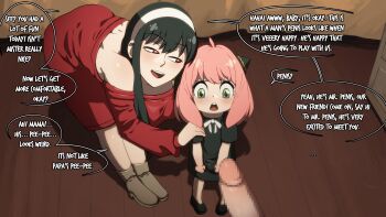 ... 2girls absurdres anya_(spy_x_family) bare_shoulders bent_over black_dress black_hair black_shoes blush brown_shoes clenched_hands cone_hair_bun dress english_text full_body g_reaper green_eyes hair_bun hairband half-closed_eyes hand_on_another&#039;s_shoulder highres leaning_forward long_hair long_sleeves looking_at_another looking_at_penis mary_janes medium_hair mosaic multiple_girls open_mouth paid_reward_available pigeon-toed pov pov_crotch red_dress red_eyes ribbon shoes sidelocks smile speech_bubble spy_x_family standing teeth upper_teeth_only white_hairband white_ribbon wooden_floor yor_briar