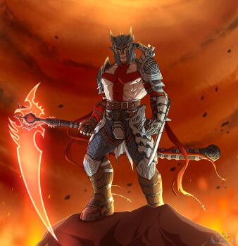 1boy arm_blade armor belt blade boots bracer brown_boots brown_sky buckle closed_mouth commission commissioner_upload cross crossover crucible_(doom) crucifix dante's_inferno dante_(dante's_inferno) debris doom_(series) doom_eternal doomguy electronic_arts energy_blade energy_weapon fake_horns full_body gauntlets glowing glowing_eyes glowing_weapon gothikangelica greaves green_eyes grey_headwear grey_helmet hell helmet highres holding holding_scythe holding_weapon horned_helmet horns huge_weapon knight knights_templar latin_cross laurel_crown looking_at_viewer male_focus mark_of_the_doom_slayer medieval multicolored_sky night_sentinel on_ground orange_sky outdoors pauldrons red_cross red_ribbon red_sky ribbon rosary scythe second-party_source shoulder_armor sky solo sparks standing straight-on sword templar topless_male watermark weapon