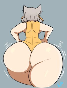 1girl animal_ears ass ass_focus bare_shoulders cat_ears cat_girl from_behind grey_background hands_on_own_hips highres huge_ass jiggle lemonadepikachu leotard motion_lines nia_(xenoblade) short_hair silver_hair sleeveless solo thick_thighs thighs wide_hips xenoblade_chronicles_(series) xenoblade_chronicles_2