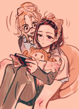 2girls absurdres black_pantyhose bow closed_mouth commentary_request controller game_controller glasses hair_bow highres higuchi_madoka holding holding_controller holding_game_controller hug hug_from_behind ichikawa_hinana idolmaster idolmaster_shiny_colors kani_(kaniya) monochrome multiple_girls open_mouth pantyhose pink_background pink_theme red_eyes red_hair short_hair simple_background smile yuri